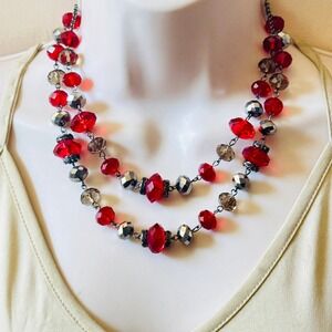 Trifari Necklace VTG Glass Crystal Lucite Collar Multi Double Strand Red 90s 18"